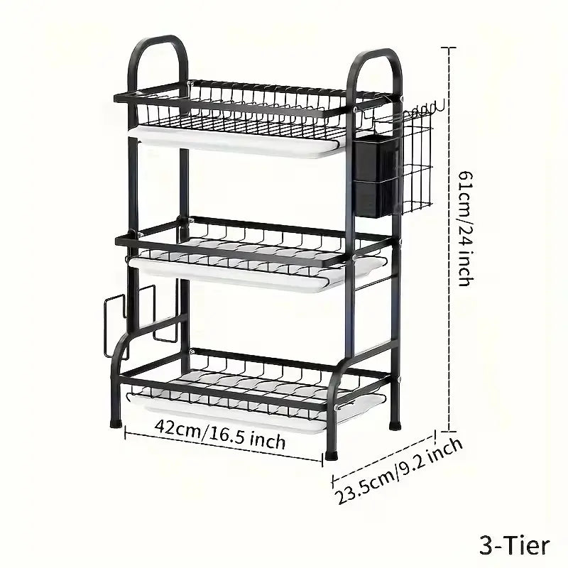 Close-up of rust-resistant carbon steel frame construction on 3-tier dish drying rack