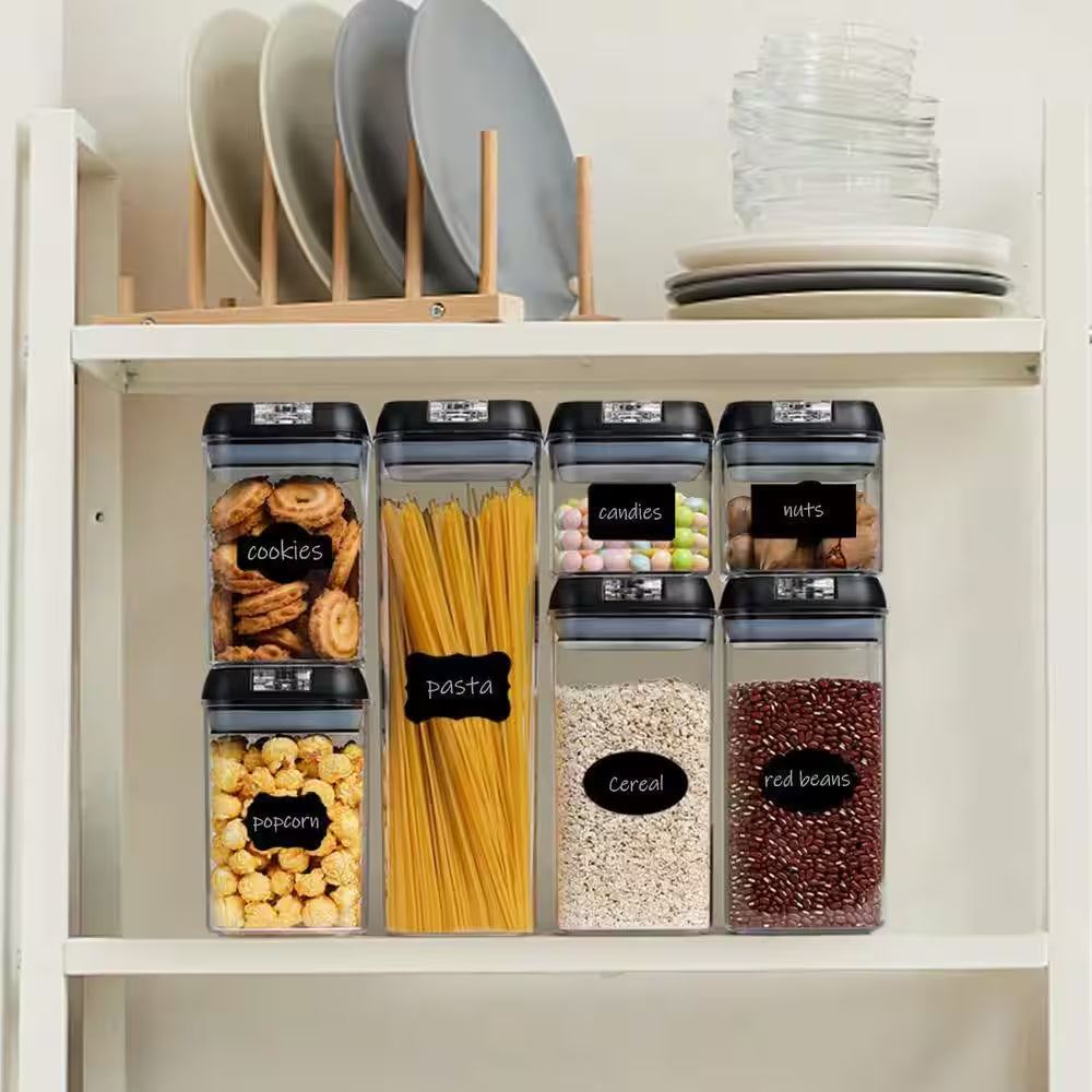 7-piece airtight food storage container set with labels and black lids