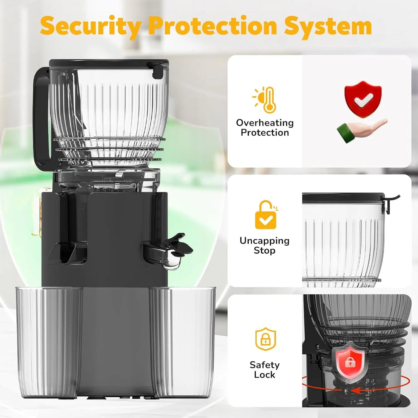 Juicer security protection system with overheating protection, uncapping stop, and safety lock
