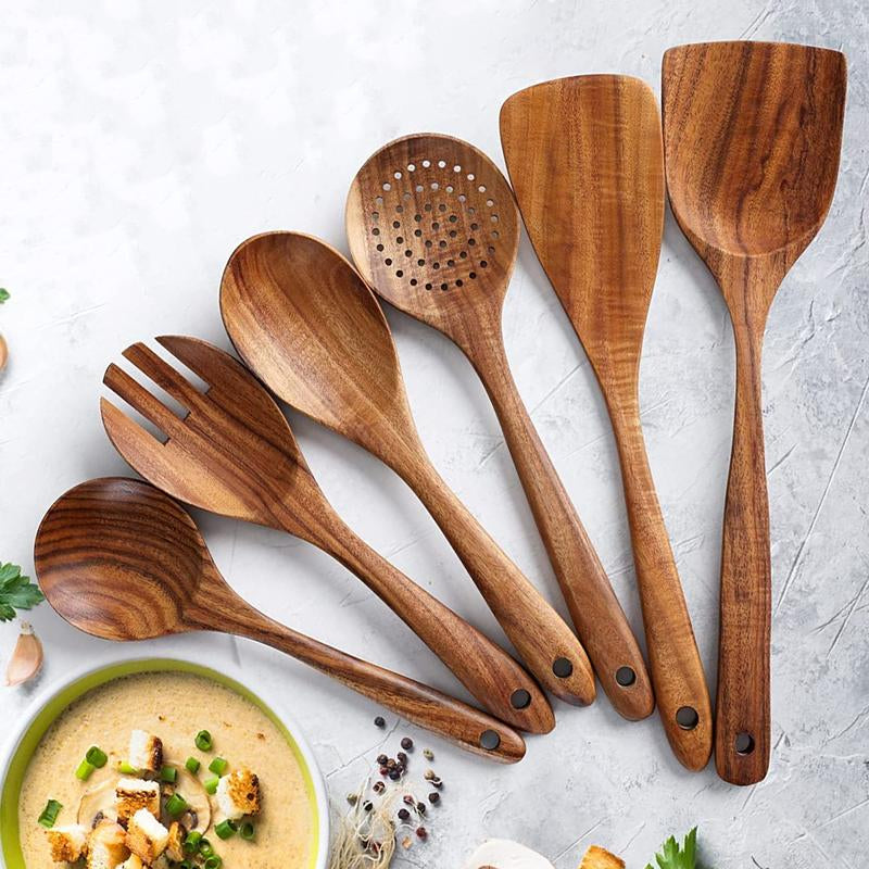 Premium 6-Piece Wooden Utensils Set - Non-Stick Kitchen Tools for Effortless Cooking and Serving