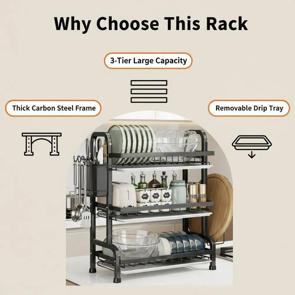 Maximize Your Kitchen Space with Our 3-Tier Stainless Steel Dish Drying Rack – Stylish Black Rustproof Metal Organizer for Plates, Glasses, and Utensils!