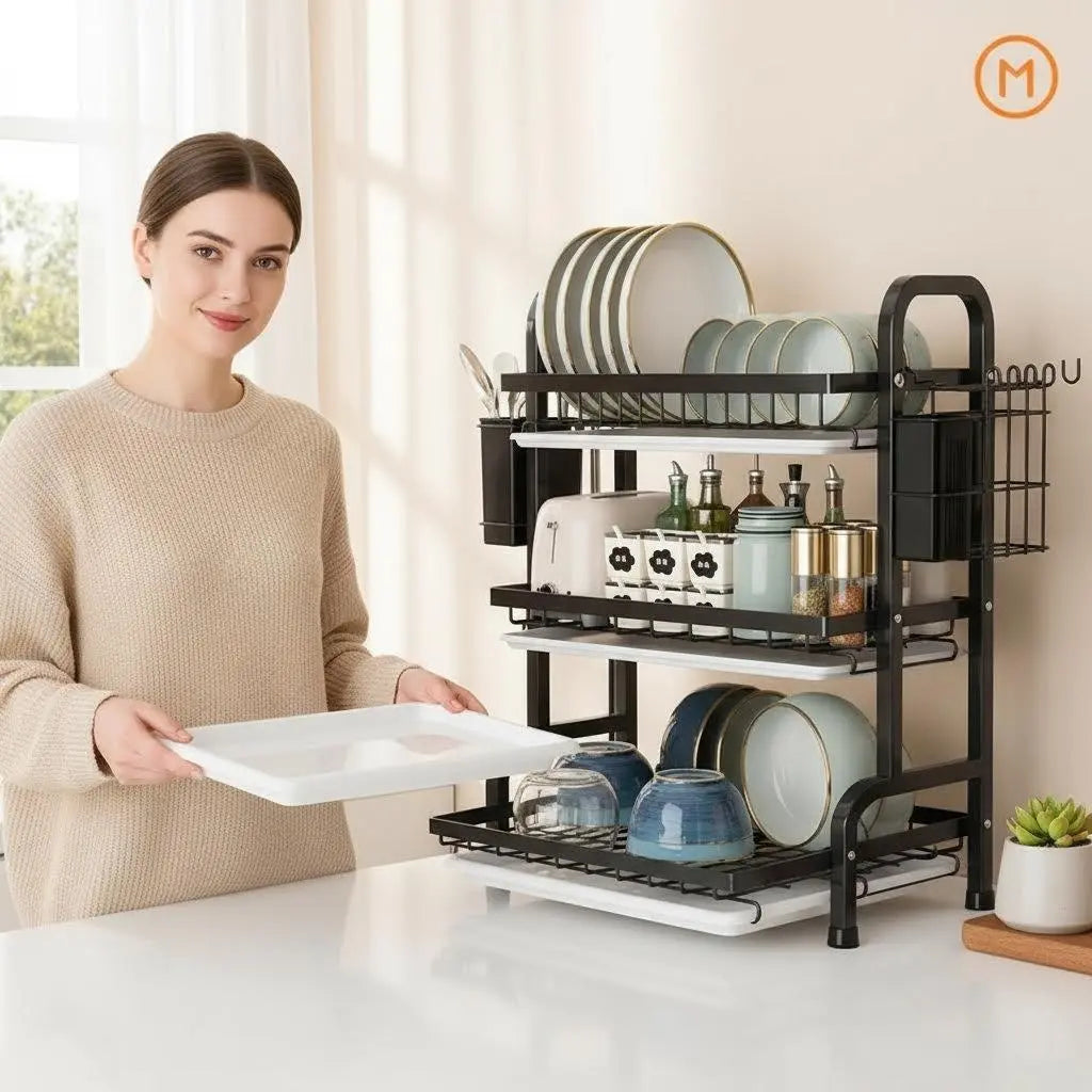 Woman holding removable drainboard tray from 3-tier dish drying rack