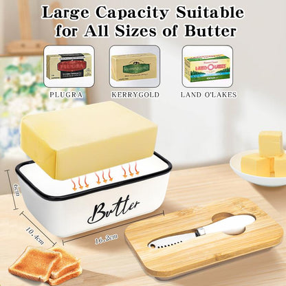 Ceramic Butter Dish with Lid & Curler Knife – Premium Large Countertop Keeper for Kitchen Farmhouse Decor, High-Quality Double Silicone Sealing, Easy-Clean Finish, Perfect Kitchenware. Butter Lover .White