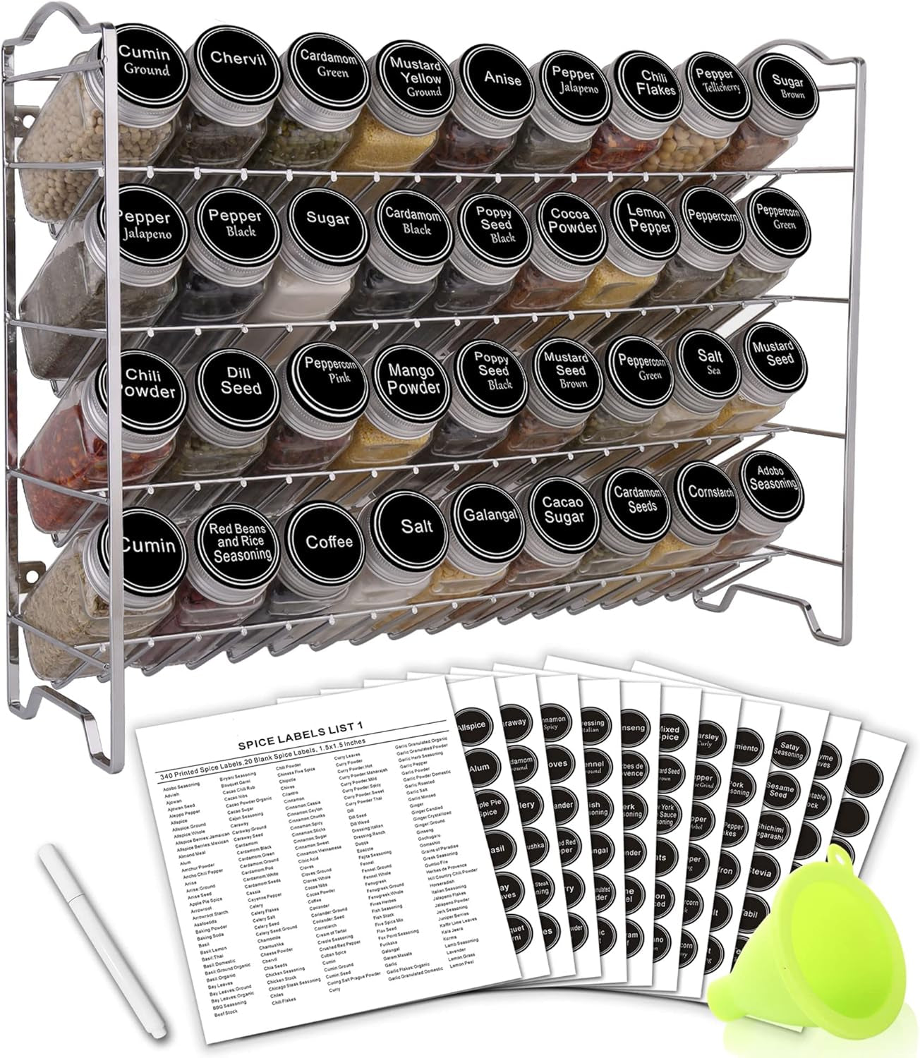 Spice Rack Organizer with 36 Empty Square Spice Jars, 396 Spice Labels with Chalk Marker and Funnel Complete Set, for Countertop, Cabinet or Wall Mount,Silver