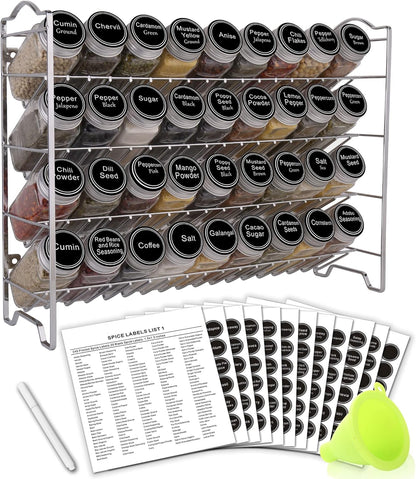 Spice Rack Organizer with 36 Empty Square Spice Jars, 396 Spice Labels with Chalk Marker and Funnel Complete Set, for Countertop, Cabinet or Wall Mount,Silver