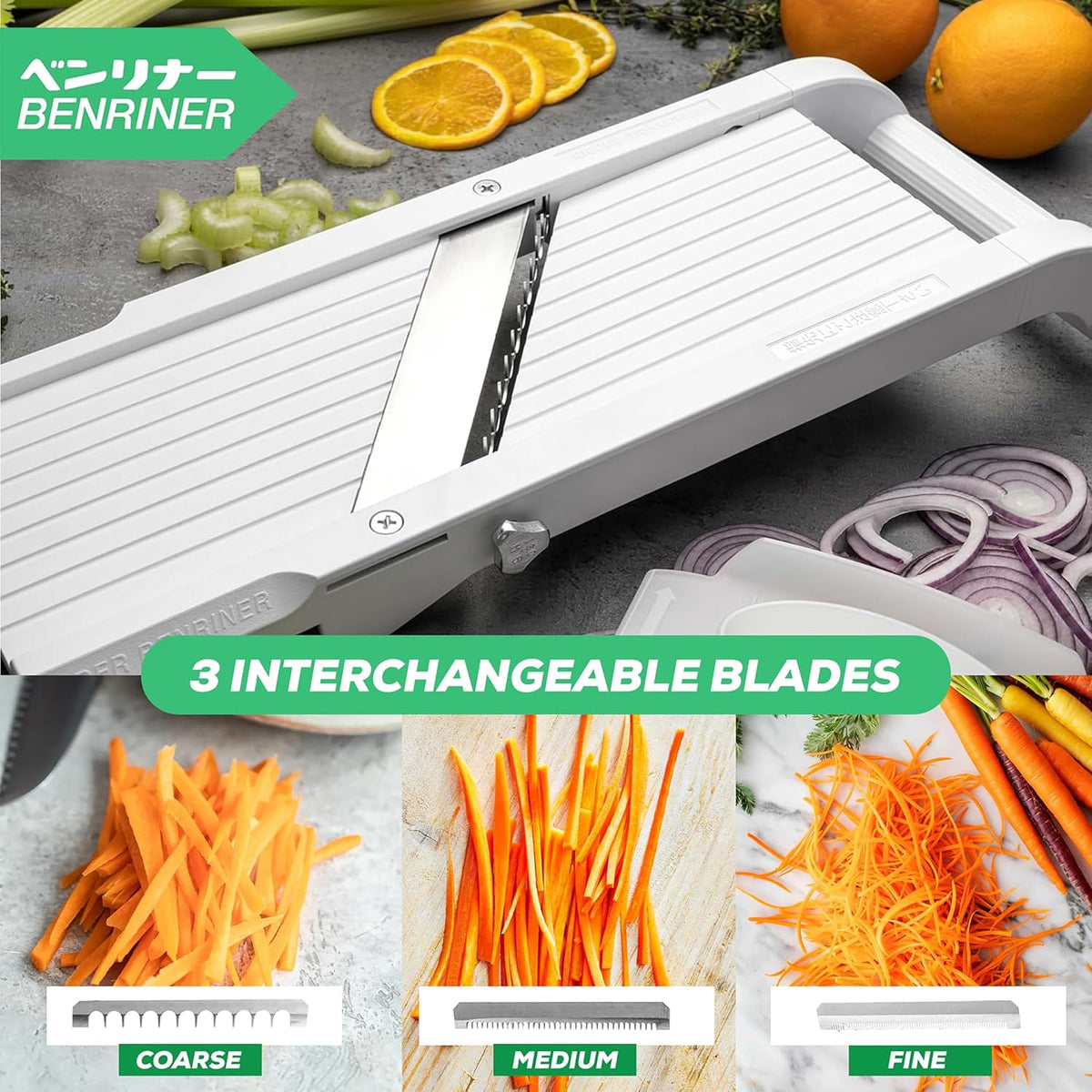 Mandoline with its three interchangeable blades and the julienne cuts each one makes