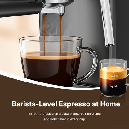 Experience Barista-Quality Coffee at Home with the NICWIN 15-Bar Espresso Machine Featuring Auto Milk Frother and Steam Wand