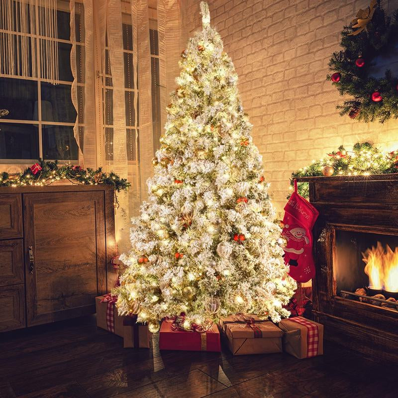 OTM 6.5FT Pre-Lit Artificial Christmas Tree with with 250 Multi-Color & Warm White LED Lights, 9 Lighting Modes, Snow Flocked Full Prelighted Xmas Tree with Foldable Stand Decor Decoration Ornaments, Includes Storage Bag, White