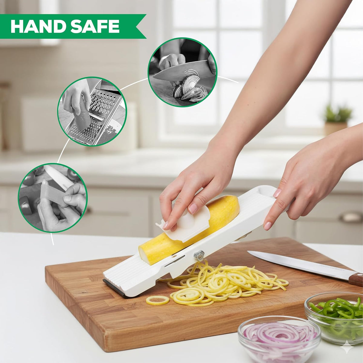 Slicing a yellow squash on the mandoline with the hand guard