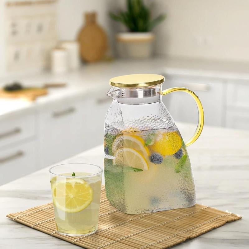 Fridge Door Water Pitcher, 1.8 Liter/60Oz Gold Lid, High Borosilicate Glass Leakproof Ice Tea Pitcher for Hot or Cold Beverage