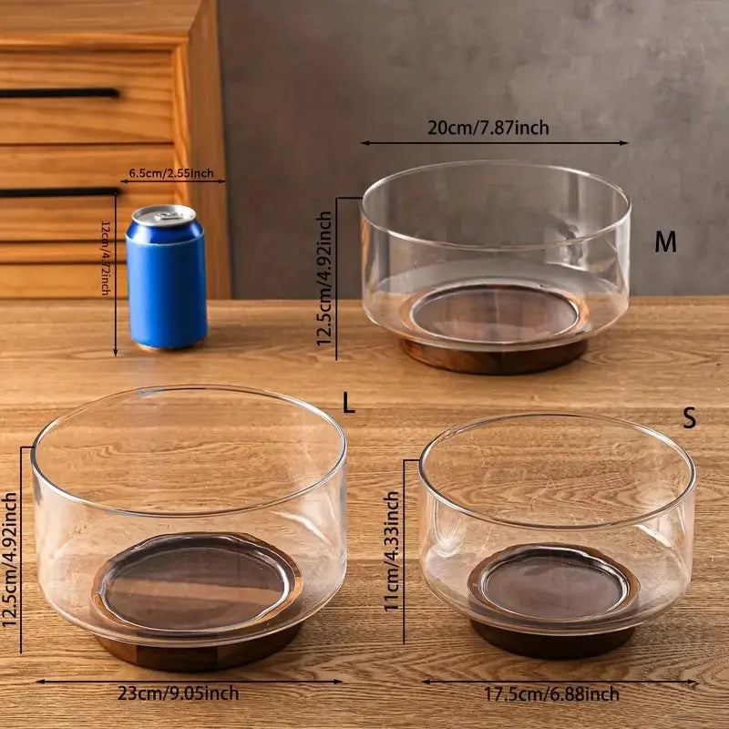 Glass Salad Bowl Set with Walnut Wood Base, Glass Fruit Bowls for Kitchen Use, Snacks, Desserts, Chips & Pasta Serving Dishes, Pop Tart Bowl