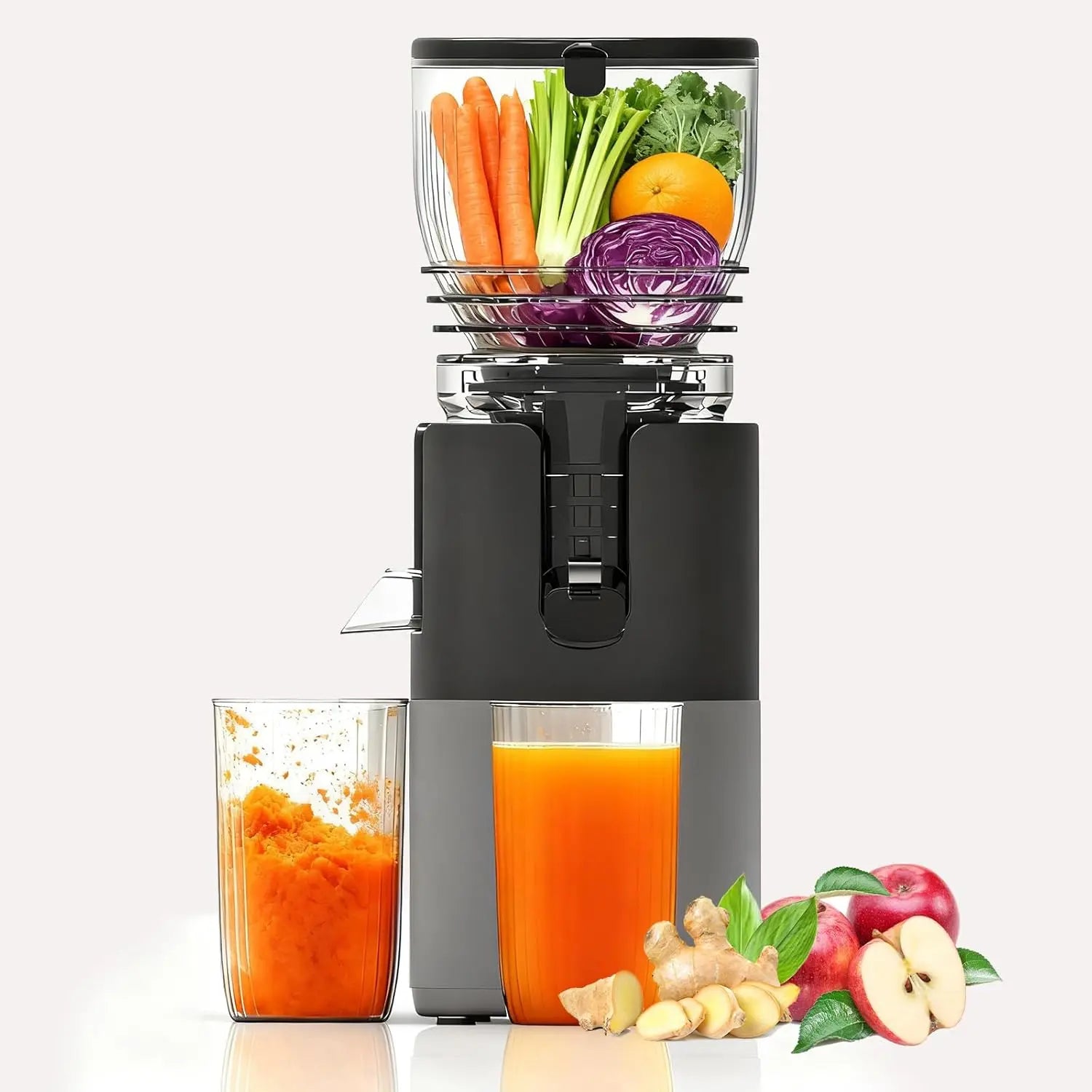 300W cold press juicer with 6-inch feed chute extracting fresh vegetable and fruit juice