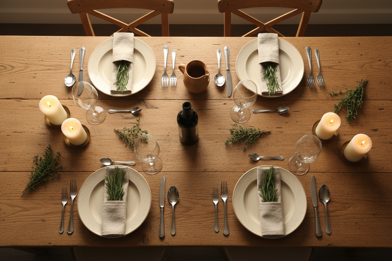 mesa madera con platos copas acogedora