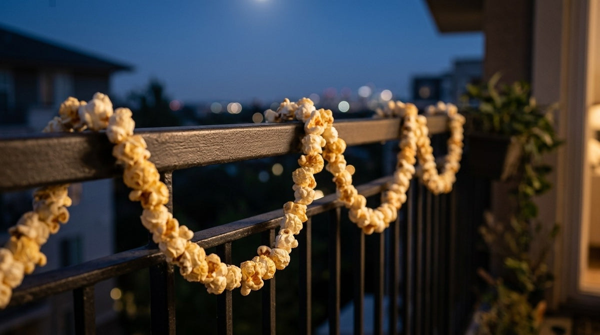 Popcorn-string garland on a balcony railing at night (lifestyle image)