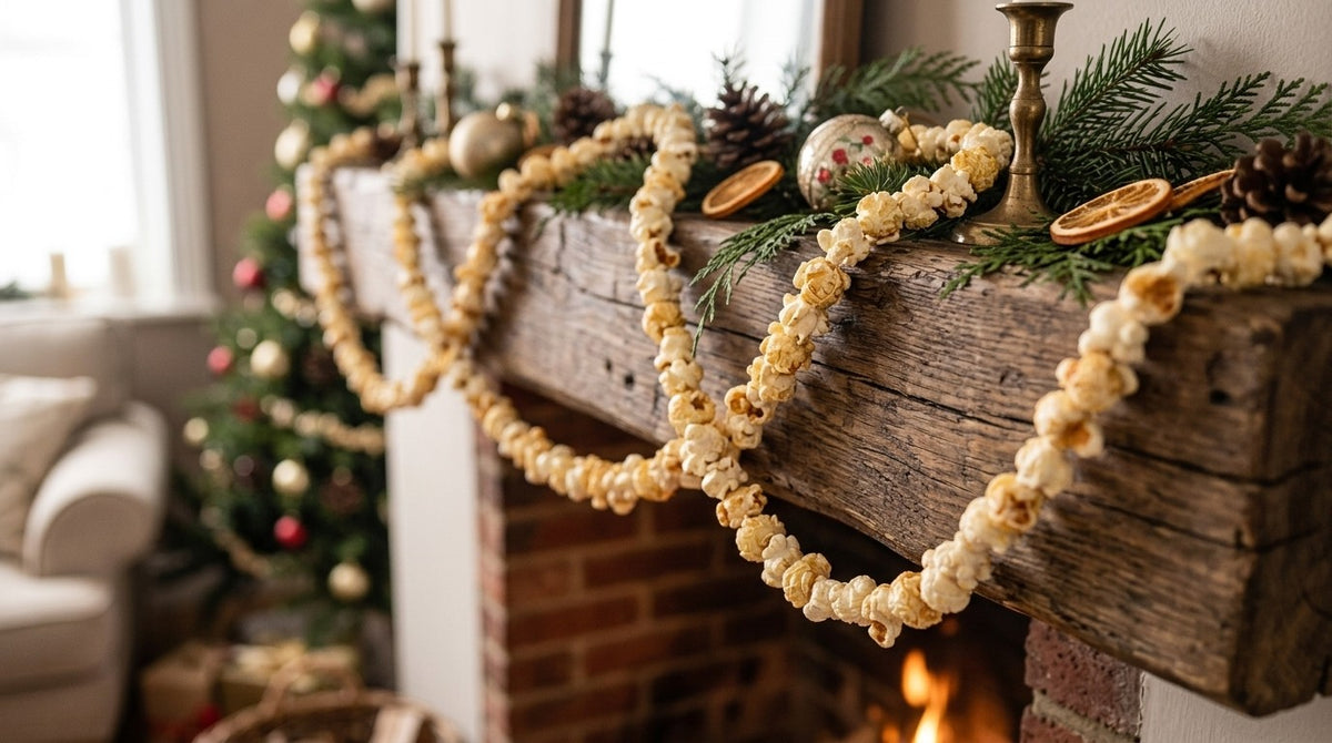 Popcorn-string garland draped on a rustic mantel with Christmas decor (lifestyle image)