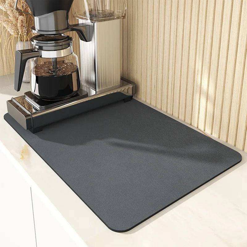Super absorbent kitchen mat with quick-dry coffee and dish draining pad design on countertop