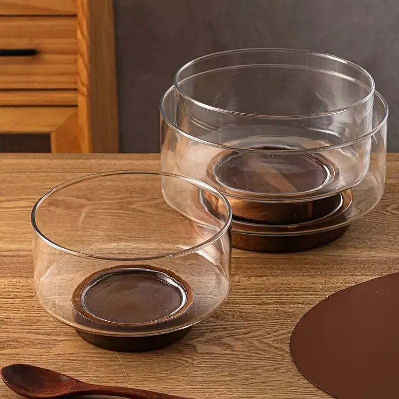 Glass Salad Bowl Set with Walnut Wood Base, Glass Fruit Bowls for Kitchen Use, Snacks, Desserts, Chips & Pasta Serving Dishes, Pop Tart Bowl