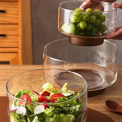 Glass Salad Bowl Set with Walnut Wood Base, Glass Fruit Bowls for Kitchen Use, Snacks, Desserts, Chips & Pasta Serving Dishes, Pop Tart Bowl