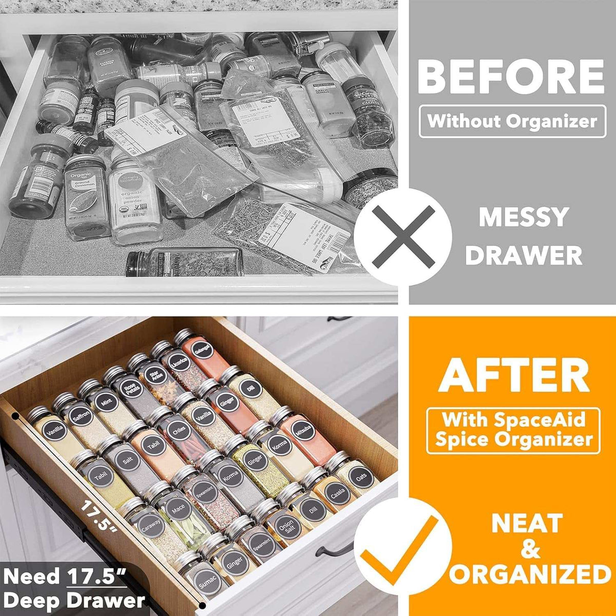 Spice Drawer Organizer Set with 28 Spice Jars, 386 Spice Labels, and 4-Tier Seasoning Rack Tray Insert for Kitchen Drawers, 13" W x 17.5" D