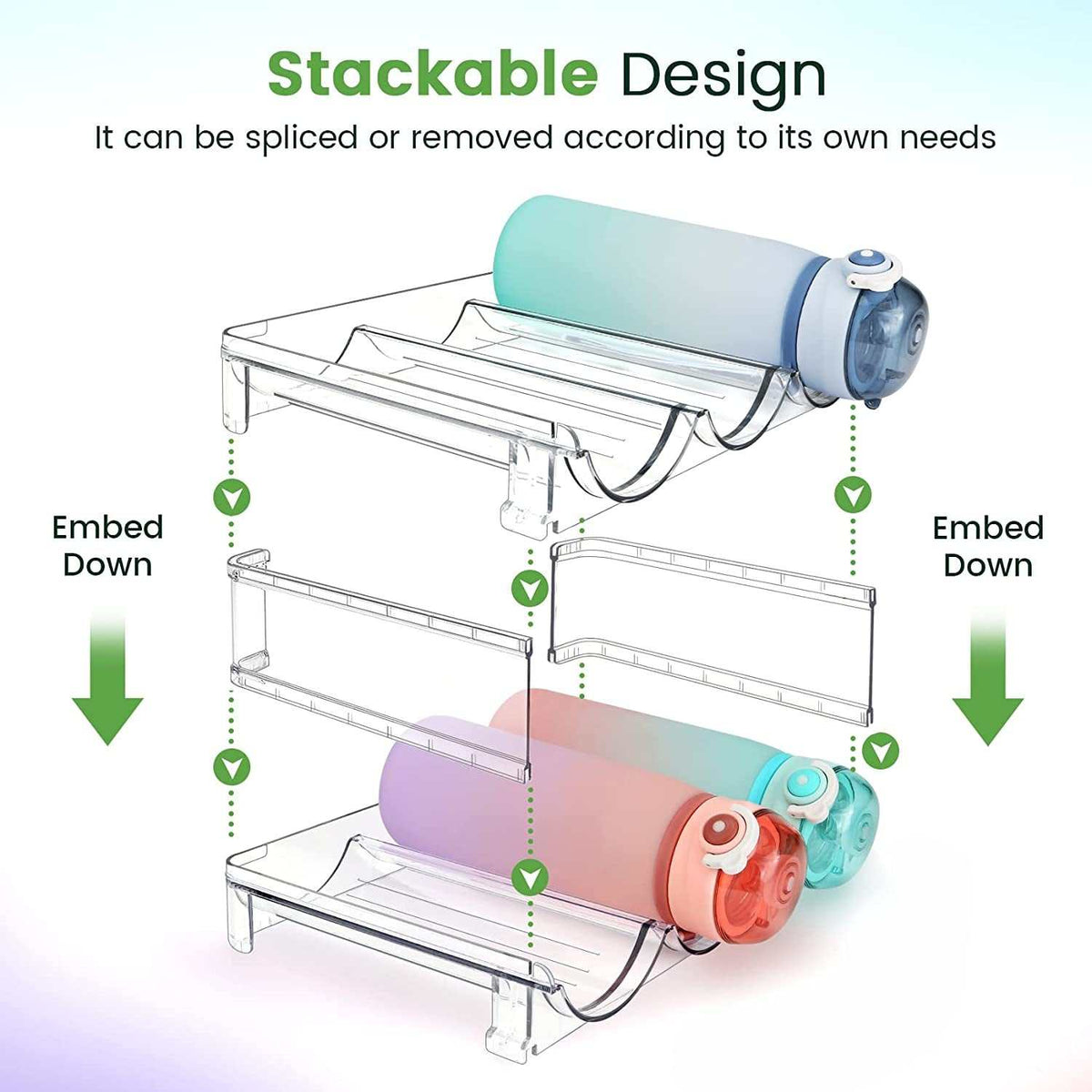 Water Bottle Storage Organizer - 2-Pack Stackable Rack for Cabinet Use