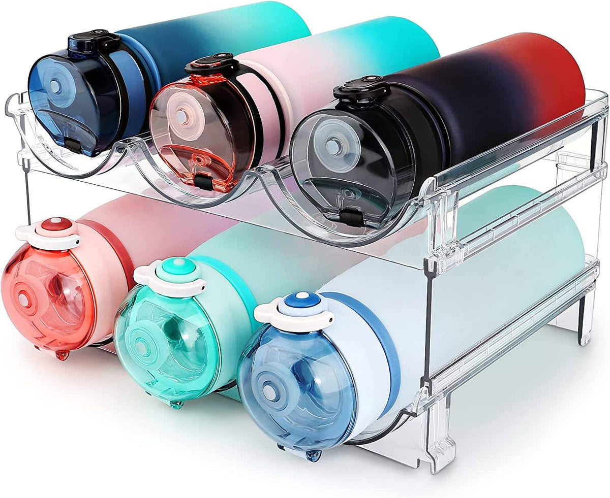 2-pack stackable clear water bottle organizer racks for cabinets and fridge, BPA-free plastic storage solution